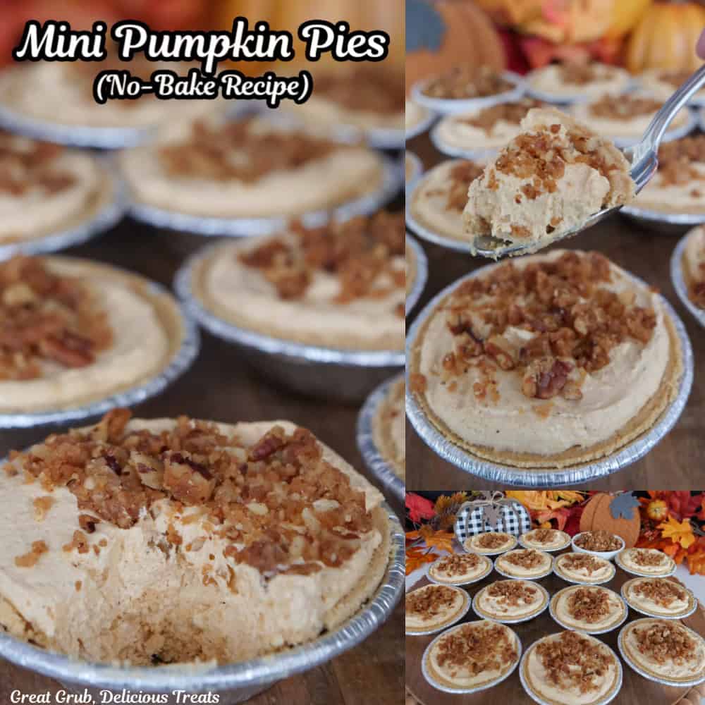 Three photos of mini pumpkin pies with the title of the recipe at the top.