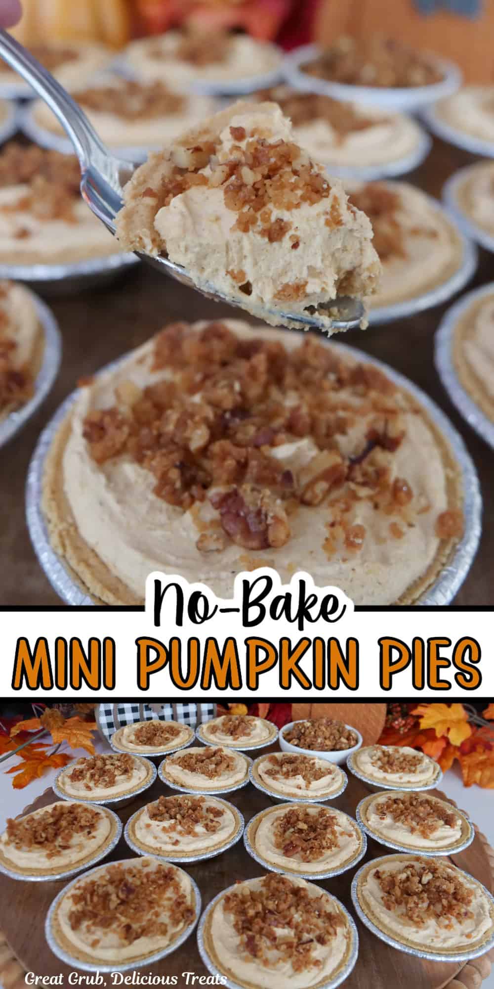 Two photos of mini pumpkin pies with the title of the recipe in the center.