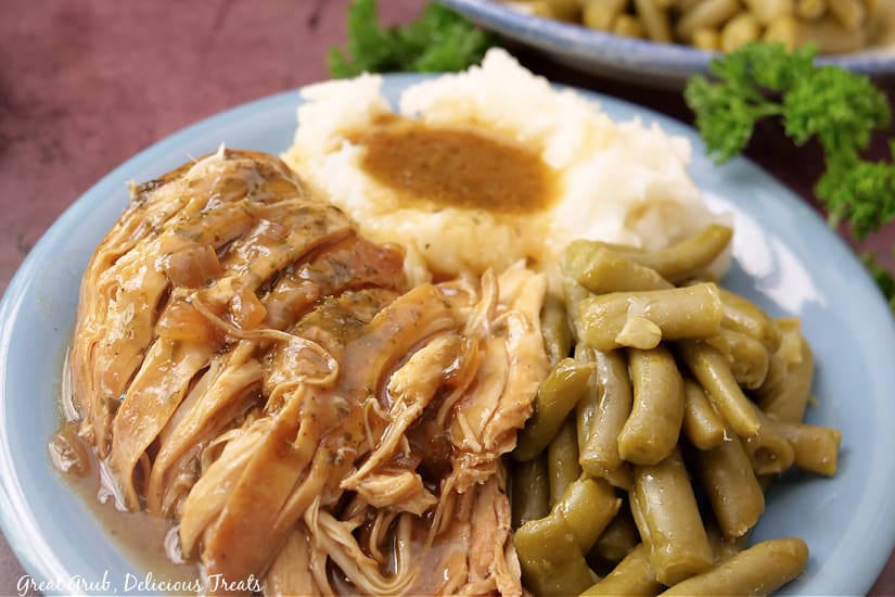 A landscape photo of Mississippi chicken on a dinner plate