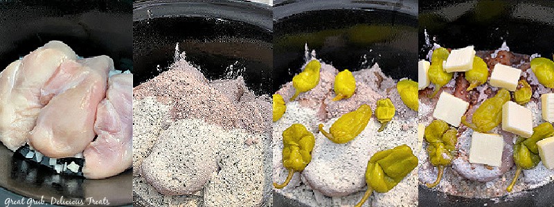 Four in process shots of Mississippi chicken being prepped in the crock pot.