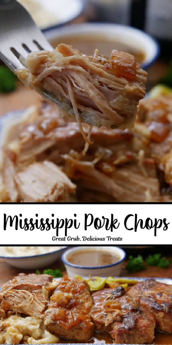 A double collage photo of crock pot Mississippi pork chops on a white plate with blue trim.