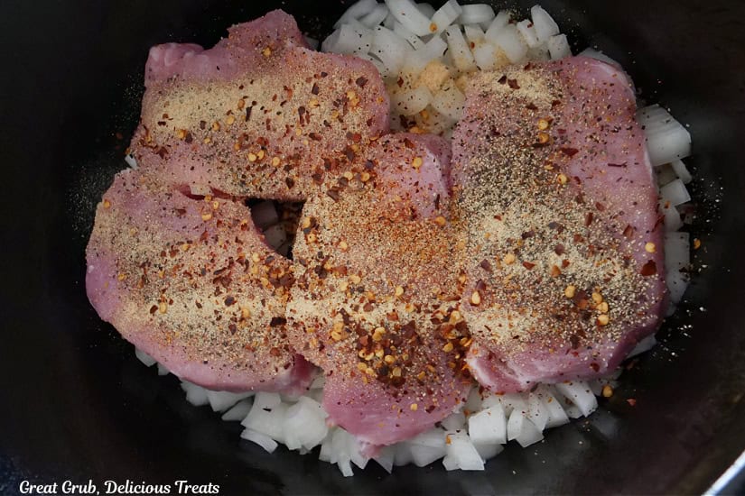 Seasonings sprinkled over the pork chops.