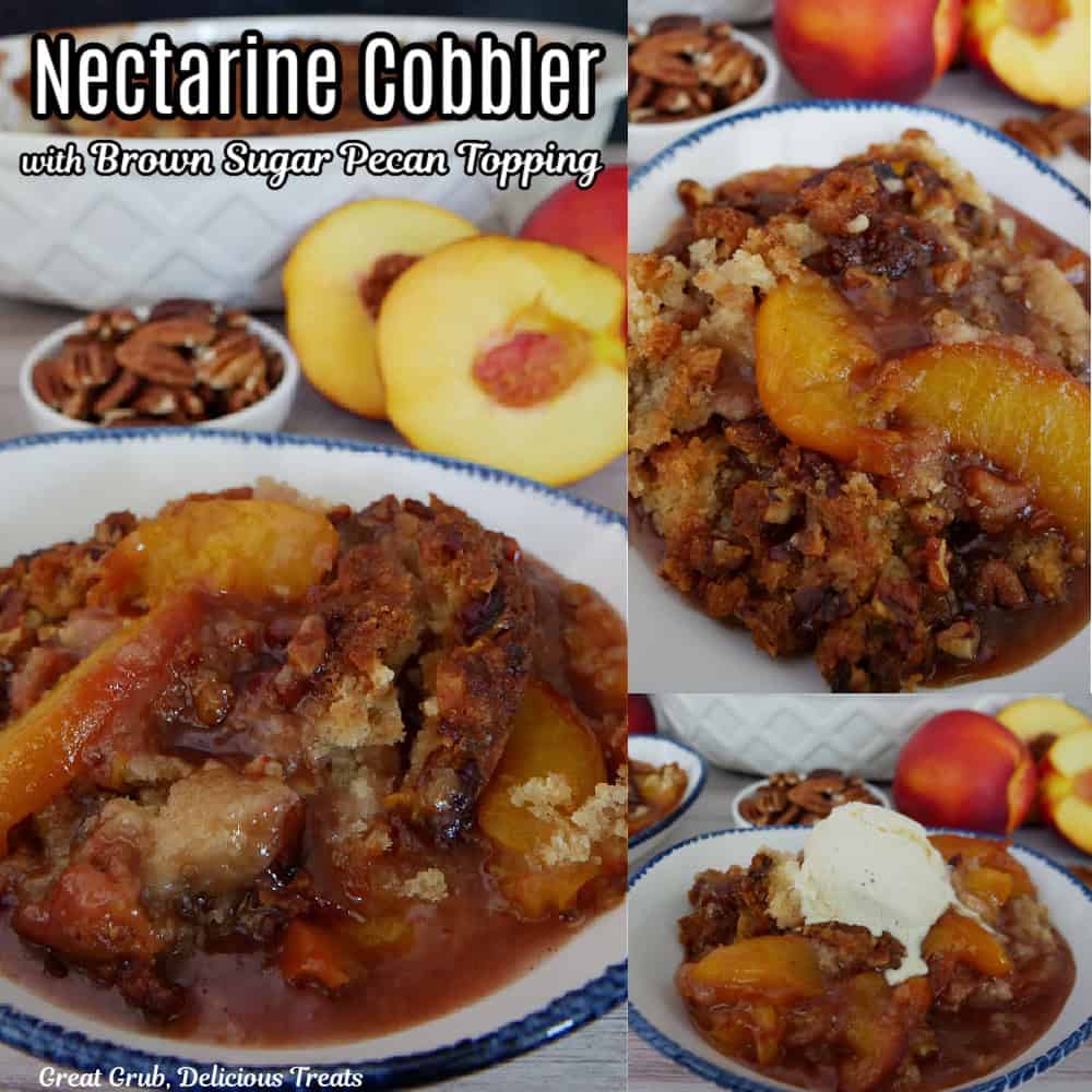 A three photo collage oh nectarine cobbler with the title of the recipe in text at the top.