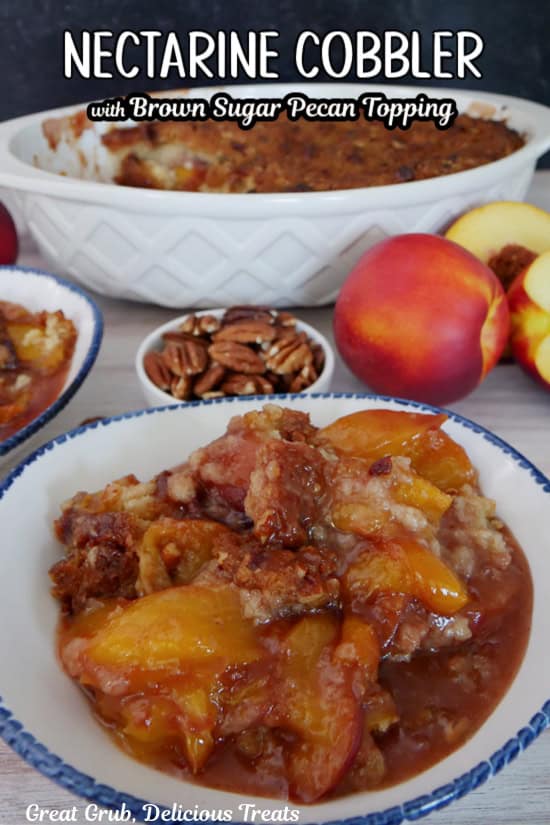 A white bowl with blue trim filled with a serving of nectarine cobbler.
