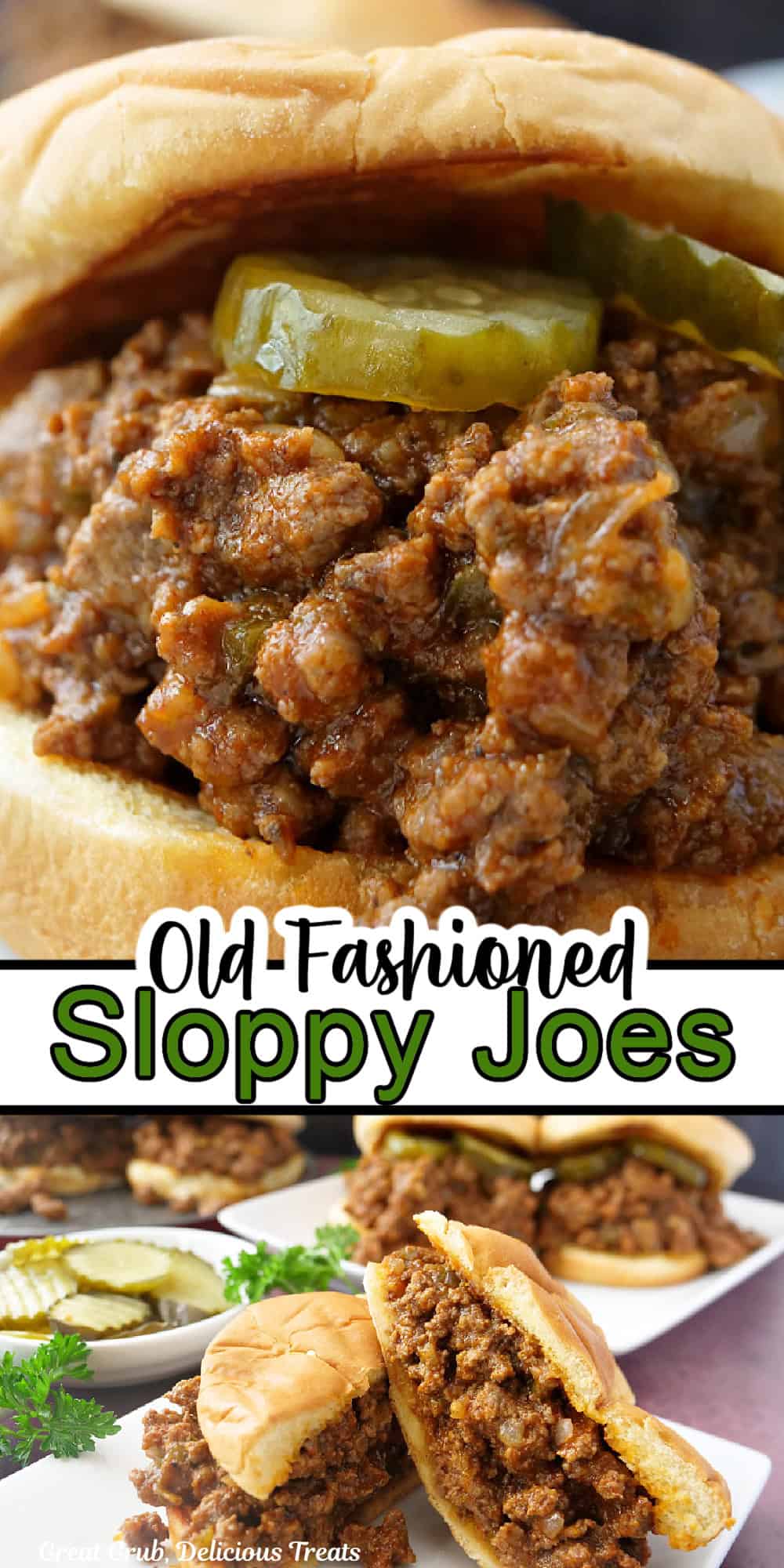 A double photo of sloppy joes with the title in between the two photos.