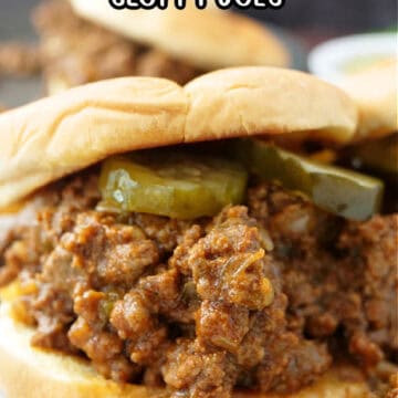 A sloppy joe on a counter with the title of the recipe in text at the top.