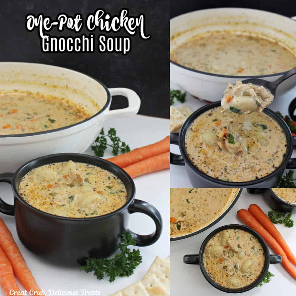 A three collage photo of chicken gnocchi soup in a black bowl with a white pot in the background, and the title of the recipe at the top in text.