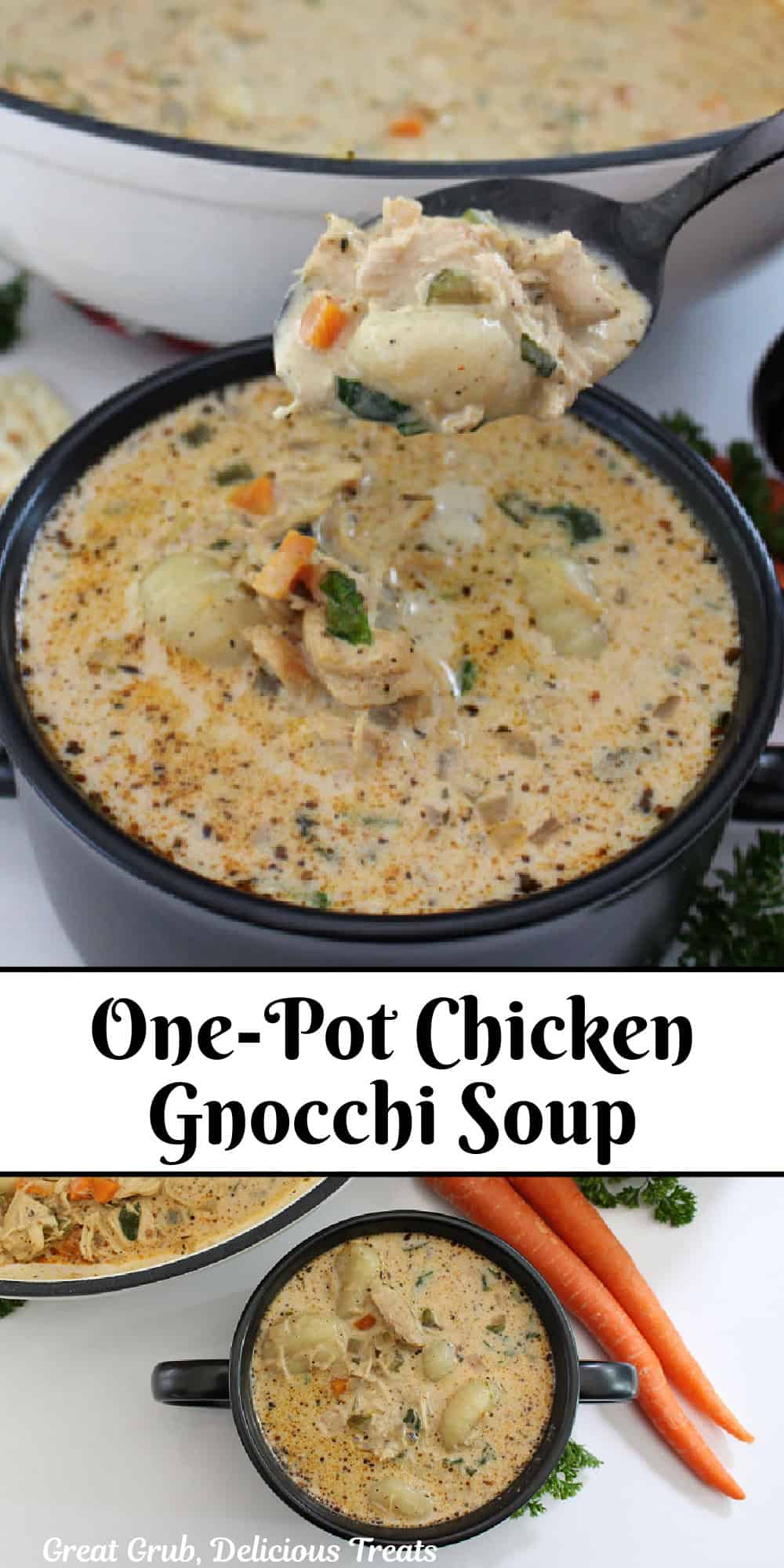 A double collage photo of chicken gnocchi soup with the title in text in between the two photos.