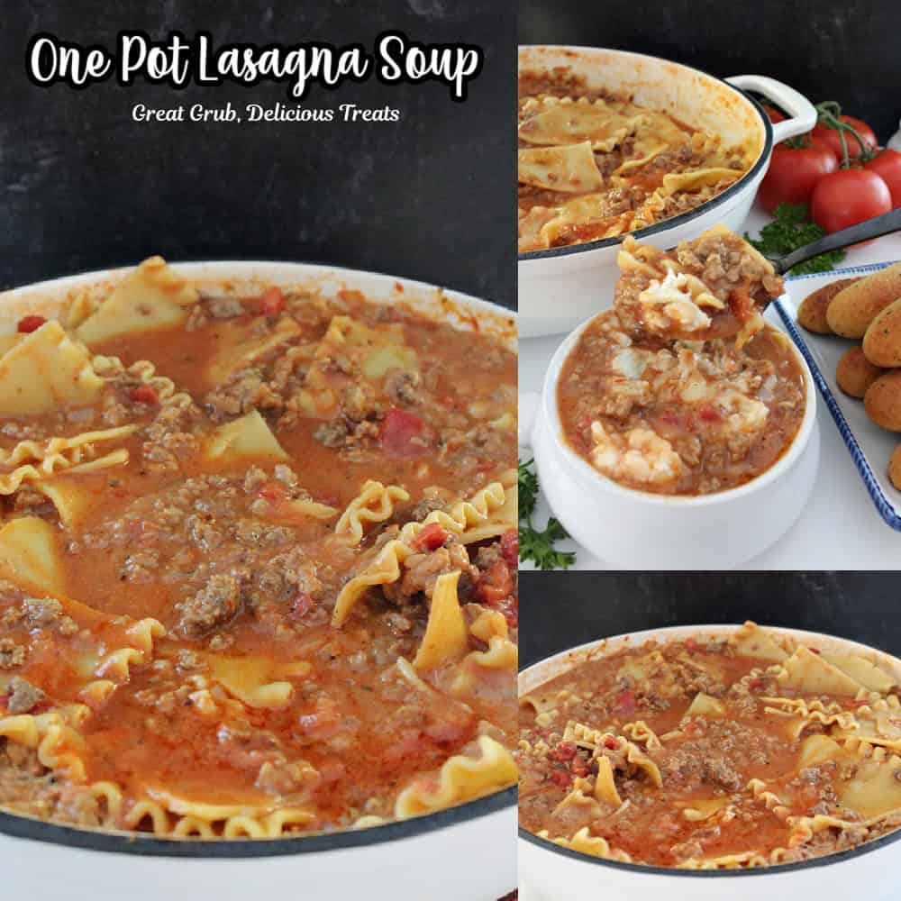 A three collage photo of lasagna soup.