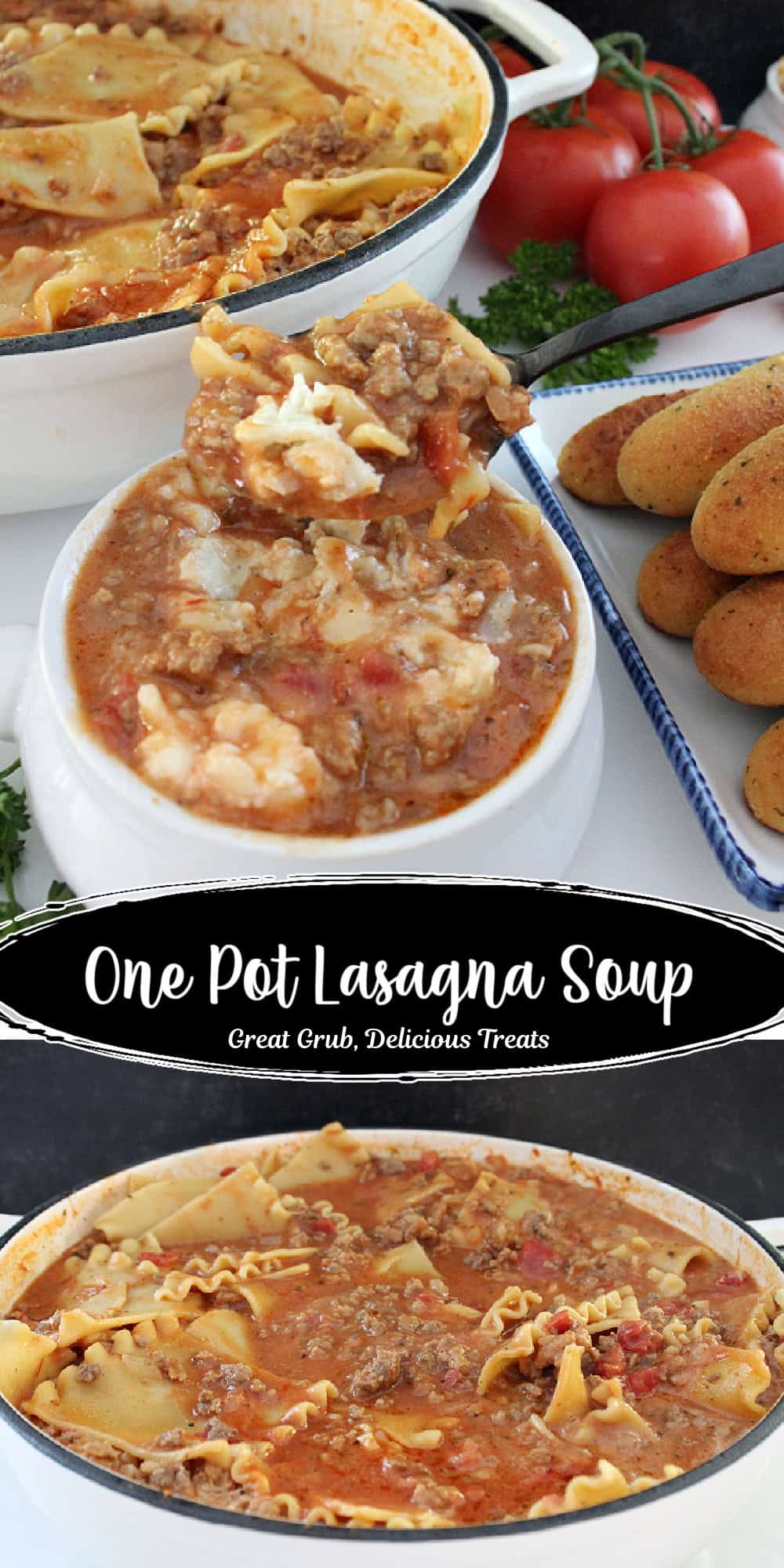 A double collage photo of lasagna soup with the title of the recipe in text between the two photos.