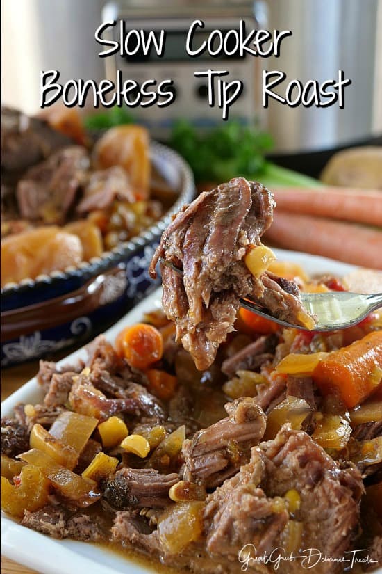 Slow Cooker Boneless Tip Roast is full of flavor, loaded with potatoes and veggies and is super tender and delicious. Slow Cooker Boneless Tip Roast