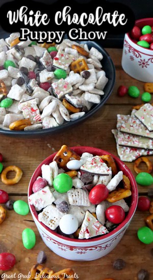Two bowls filled with white chocolate puppy chow aka muddy buddy.