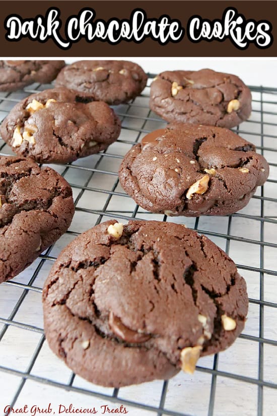 Dark chocolate cookies on a wire cooling rack with the title at the top.