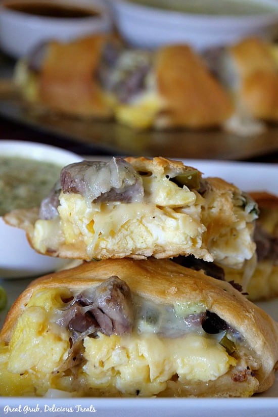 Rib Eye Breakfast Pastry Ring is made with leftover rib eye, scrambled eggs, onions, cheese and more, wrapped in a crescent pastry ring. Rib Eye Breakfast Pastry Ring is made with leftover rib eye, scrambled eggs, onions, cheese and more, wrapped in a crescent pastry ring.