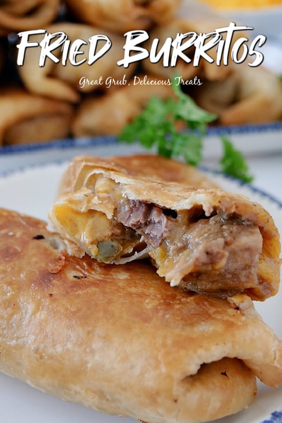 Two fried burritos, one with a bite taken out of it, on a white plate with blue trim.