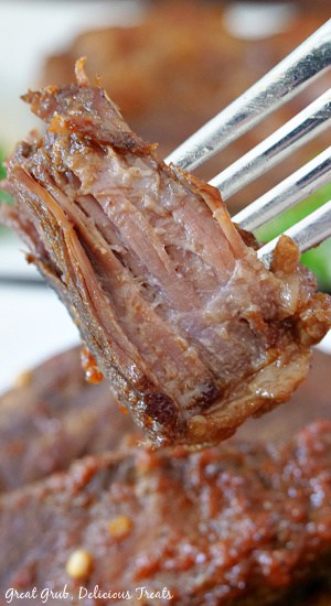 Crock Pot Texas Style Boneless Beef Ribs are tender, slow cooked in a delicious, homemade barbecue sauce. A close up of a bite of Crock Pot Texas Style Boneless Beef Ribs on a fork.