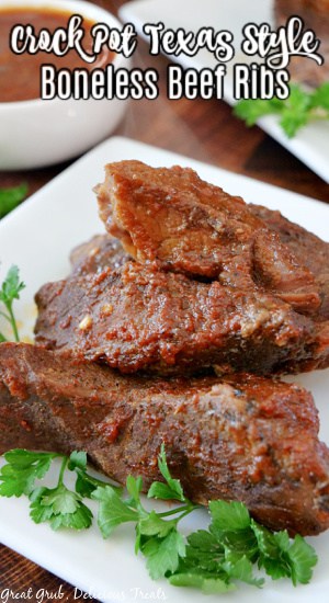 Crock Pot Texas Style Boneless Beef Ribs are a deliciously slow cooker beef ribs recipe with a homemade barbecue sauce. Crock Pot Texas Style Boneless Beef Ribs on a white plate garnished with parsley.