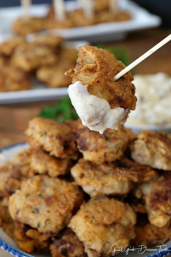 Chicken Fried Steak Bites are a delicious appetizer recipe perfect to serve during gameday parties, family gatherings or when a craving hits for chicken fried steak. Chicken Fried Steak Bites