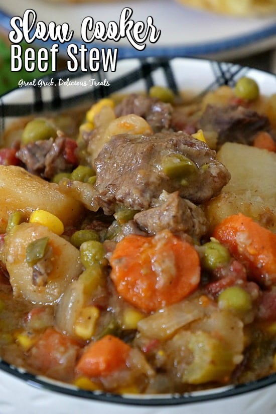 Slow Cooker Beef Stew is a hearty beef stew recipe slow cooked until the meat is super tender. A big bowl of beef stew with hearty vegetables and chunks of beef in it.