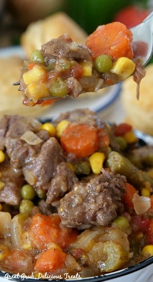 Slow Cooker Beef Stew is the perfect beef stew recipe loaded with vegetables and slow cooked. A bite of beef stew on a fork.