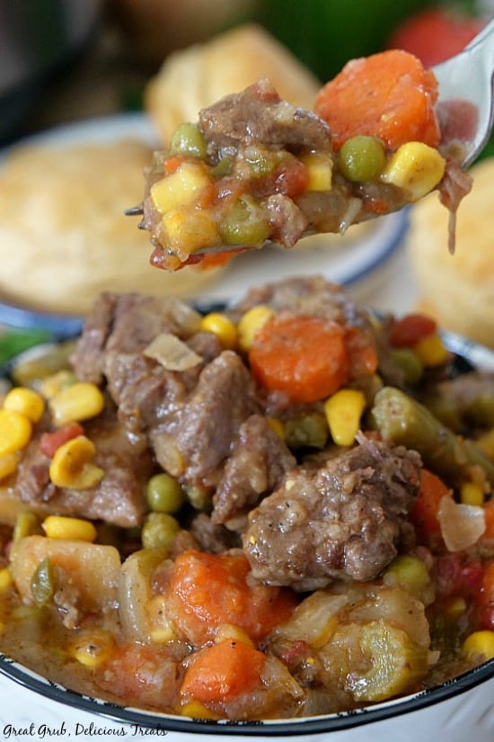 Slow Cooker Beef Stew is hearty, full of delicious vegetables and slow cooked until the beef is super tender. Slow Cooker Beef Stew is a photo of a hearty beef stew packed full of vegetables with a fork full.