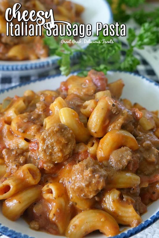 Cheesy Italian Sausage Pasta is an easy and delicious one pot comfort food recipe loaded with Italian sausage, pasta, mozzarella cheese all in a delicious sauce. #pastarecipe #cheesypasta #comfortfood #dinnerrecipe #greatgrubdelicioustreats
