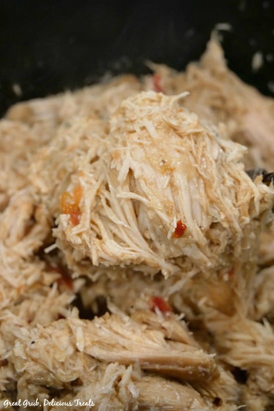 Crock Pot Spicy Chicken is flavorful and the perfect base recipe for many other chicken recipes. Crock Pot Spicy Chicken - shredded chicken in a crock pot with a spoonful of chicken.