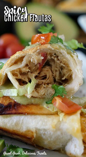 Spicy Chicken Flautas are filled with a deliciously seasoned shredded chicken mixture, two types of cheese and then baked until the edges are brown and the tortillas are crispy.