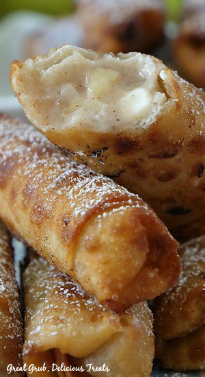 Apple Cream Cheese Egg Rolls are a delicious dessert recipe filled with apples, cream cheese and fried to perfection, then dusted with powdered sugar.