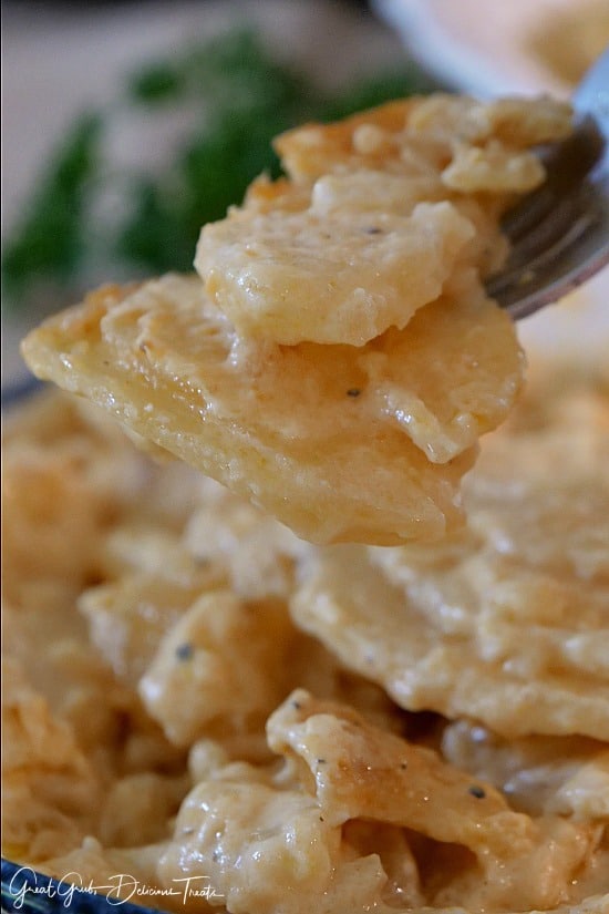 Crock Pot Cheesy Scalloped Potatoes are sliced potatoes in a delicious cheese sauce. #crockpotrecipes #slowcookerpotatoes #yummy #dinnerideas #greatgrubdelicioustreats Crock Pot Cheesy Scalloped Potatoes