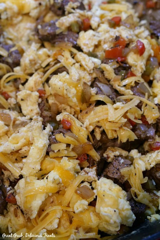 Beef Fajita Breakfast Burritos - beef and egg mixture after adding shredded cheese.