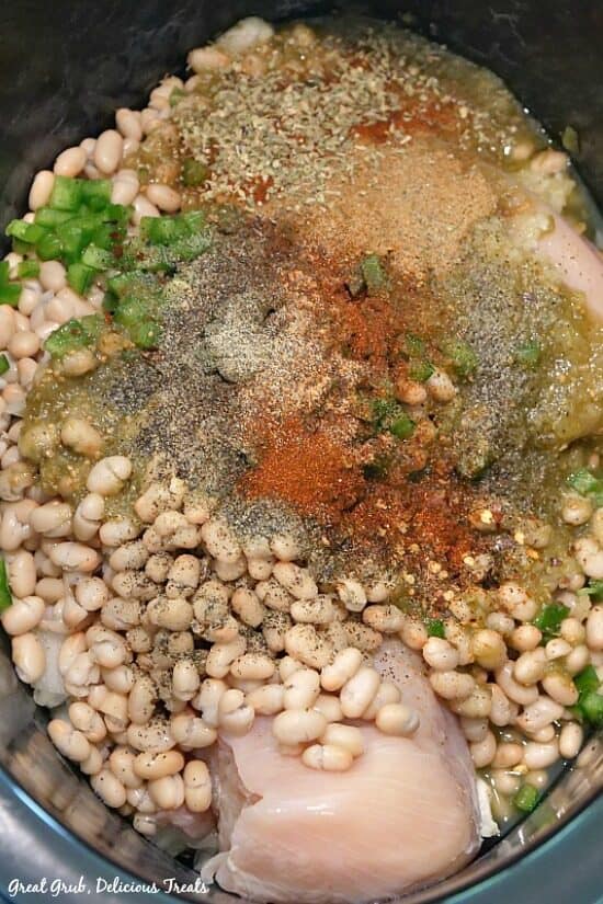 Slow Cooker White Chicken Soup is an easy slow cooker chicken recipe with tremendous flavor and is easy to make. Crockpot with all of the ingredients; chicken, beans, chiles, seasonings.