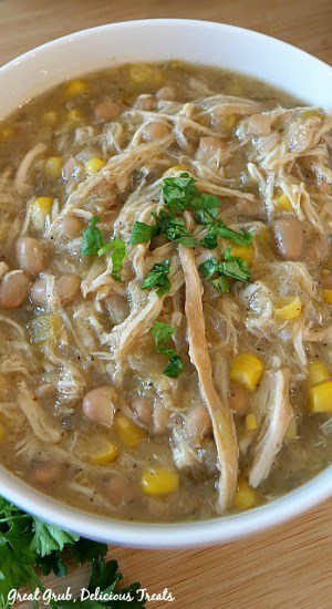 Slow Cooker White Chicken Soup is super easy to make, loaded with chicken, beans, corn and more, and is a delicious slow cooker dinner recipe. Slow Cooker White Chicken Soup in a small white bowl topped with cilantro.