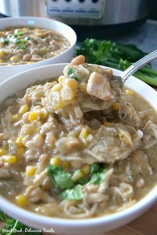 Slow Cooker White Chicken Soup is a delicious soup recipe perfect for chilly nights or for a quick weeknight meal. Two white bowls with white chicken chili with parsley and a crockpot in the background.