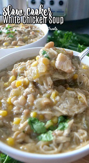 Slow Cooker White Chicken Soup is a delicious chicken soup, slow cooker recipe, full of flavor and an easy dinner recipe. A small white bowl filled with slow cooker white chicken soup with another small white bowl in the background filled with the soup.
