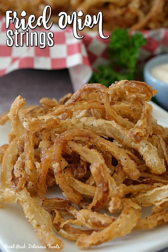 Fried onion strings on a white plate with a basket of onion rings in the background, with parsley and a small blue bowl filled with ranch.