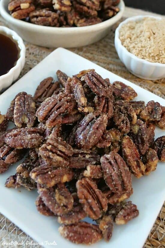 Homemade maple candied pecans are a super quick snack to make that is perfect for a midday craving or for an easy party snack.