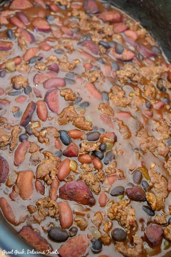 One pot kielbasa chili is a hearty and delicious chili recipe full of flavorful beans, meat, and vegetables. All of the chili ingredients of One Pot Kielbasa Chili: black beans, kidney beans, kielbasa sausage, and vegetables in a crockpot.