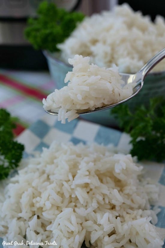 Instant Pot White Rice is a super simple basic white rice recipe that comes out fluffy every time. Instant Pot White Rice - a picture of a spoonful of rice with the plate of rice below and a bowl full of rice in the background.