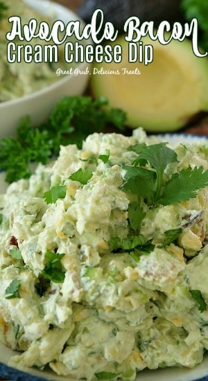 Avocado Bacon Cream Cheese Dip has crispy bacon, diced avocados, two types of cheese and is loaded with flavor. #creamcheese #easyrecipes #easyappetizers #yummy #greatgrubdelicioustreats Avocado Bacon Cream Cheese Dip has crispy bacon, diced avocados, two types of cheese and is loaded with flavor.