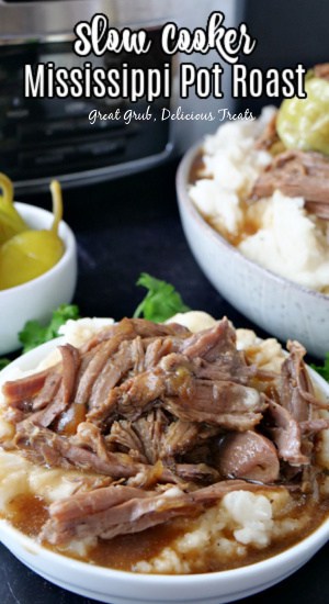 A white bowl with pot roast in it with another white bowl with mashed potatoes and pot roast.