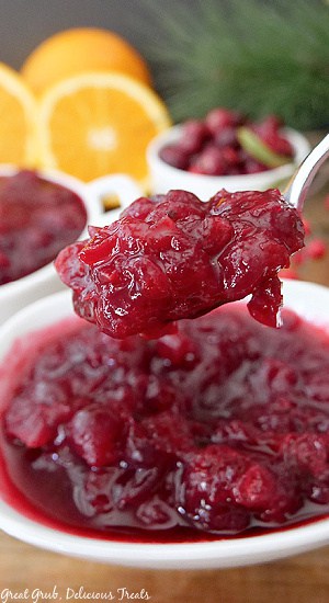 A close up of a spoonful of cranberry sauce being held over a white bowl with a serving of cranberry sauce.