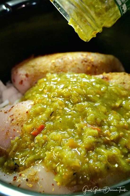 Crock Pot Hatch Salsa Chicken is deliciously flavored with Hatch chile salsa. Crock Pot Hatch Salsa Chicken