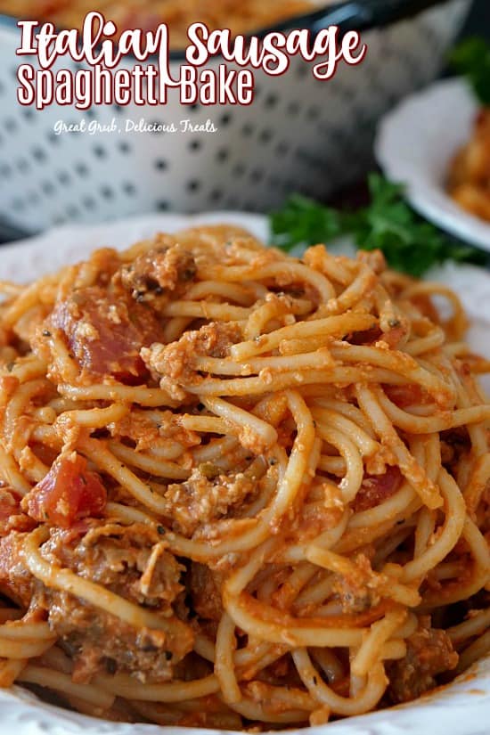 Italian Sausage Spaghetti Bake is a delicious spaghetti casserole recipe made with Italian sausage, cream cheese, mozzarella cheese, spaghetti noodles, seasoned perfectly and and baked to perfection. Italian Sausage Spaghetti Bake - A white bowl filled with spaghetti noodles, Italian sausage, tomatoes, cream cheese, mozzarella cheese, seasonings.