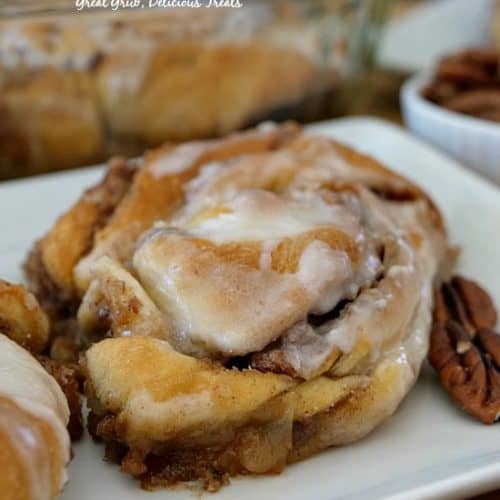 Easy Crescent Cinnamon Rolls are filled with a sugar, cinnamon, pecan mixture then drizzled with icing.