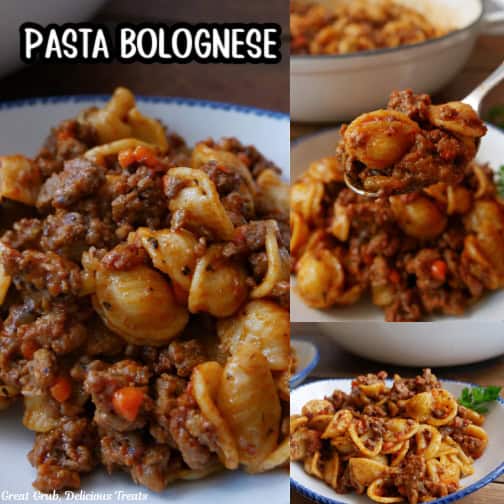 A three collage photo of pasta bolognese in a white bowl with blue trim.