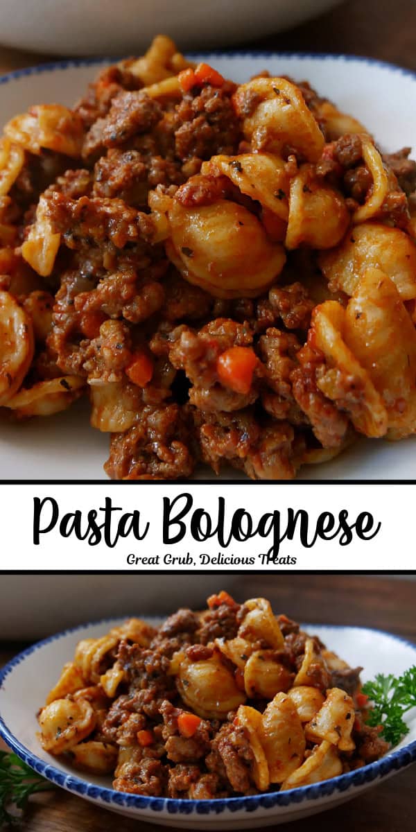 a double collage photo of pasta bolognese in a white bowl with blue trim, and the title of the recipe in text is in the center of the two photos.