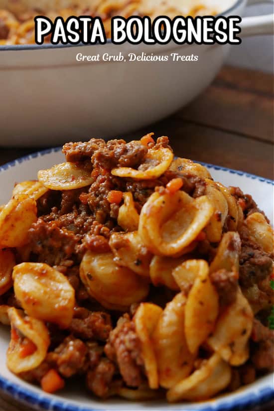 A white bowl with blue trim filled with a serving of pasta bolognese.