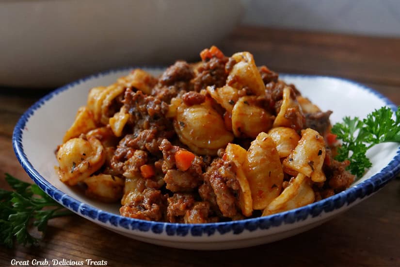 A wood surface with a white bowl with blue trim filled with a serving of Bolognese.
