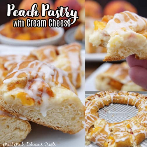 A three photo collage of slices of peach pastry covered in a sweet glaze drizzle.